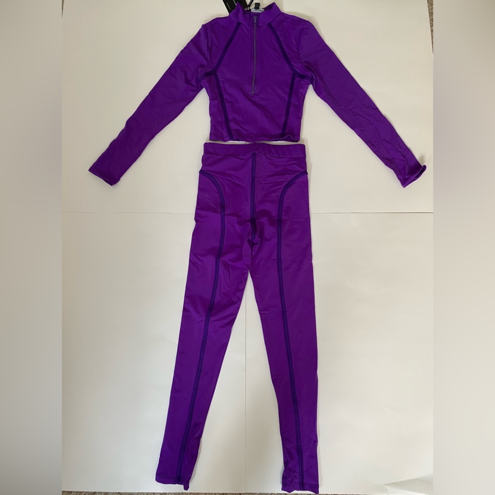 Jluxlabel Purple Pant and Long Sleeves Crop Top Lounge Wear Set-Small